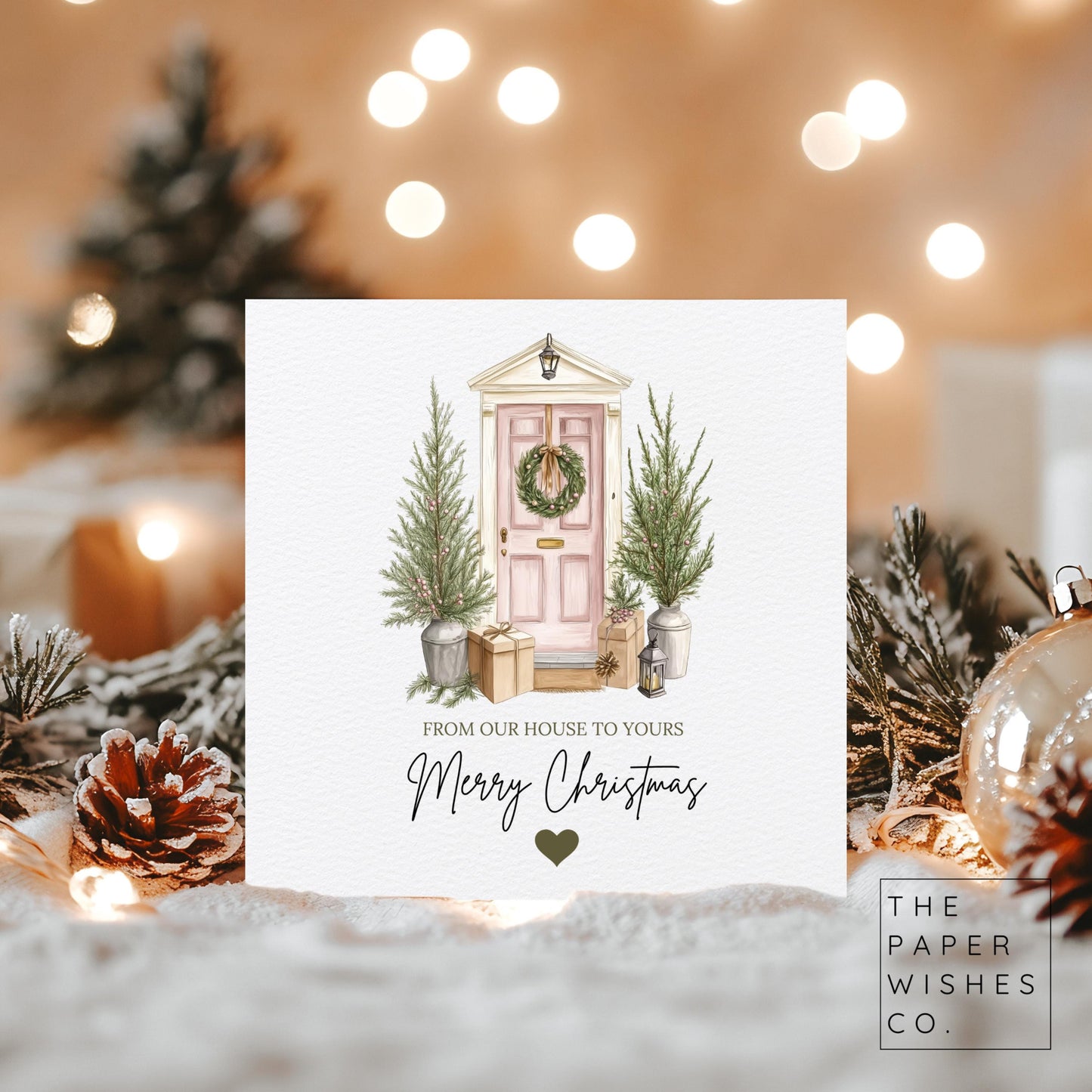 Pink Door Christmas Card – From Our House to Yours – Festive Family Card – Custom Holiday Card