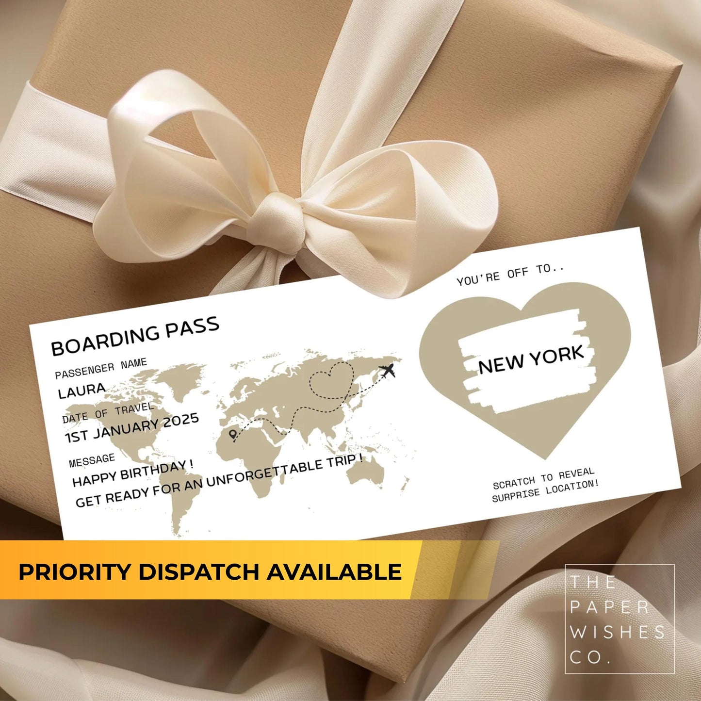 Personalised holiday boarding pass, scratch to reveal surprise, holiday birthday gift, scratch card destination reveal
