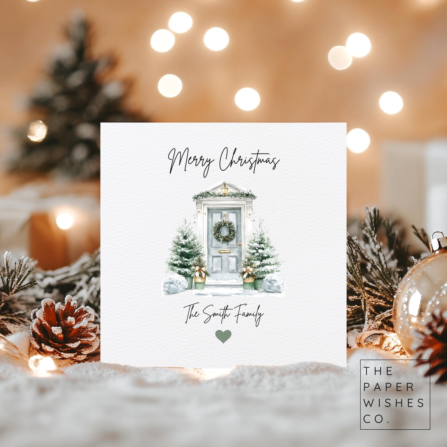 Personalised Christmas Card – Winter Door Scene with Family Name – Custom Holiday Card – Elegant Festive Front Door Design