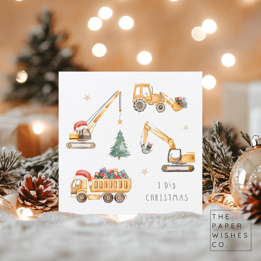 I Dig Christmas Card – Construction Themed Christmas Card – Cute Digger Holiday Card for Kids – Dump Truck Xmas Card – Christmas Card