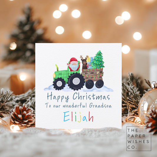 Personalised Santa Tractor Christmas Card – Custom Name and Relation – Festive Card for Children – Santa and Reindeer Holiday Card