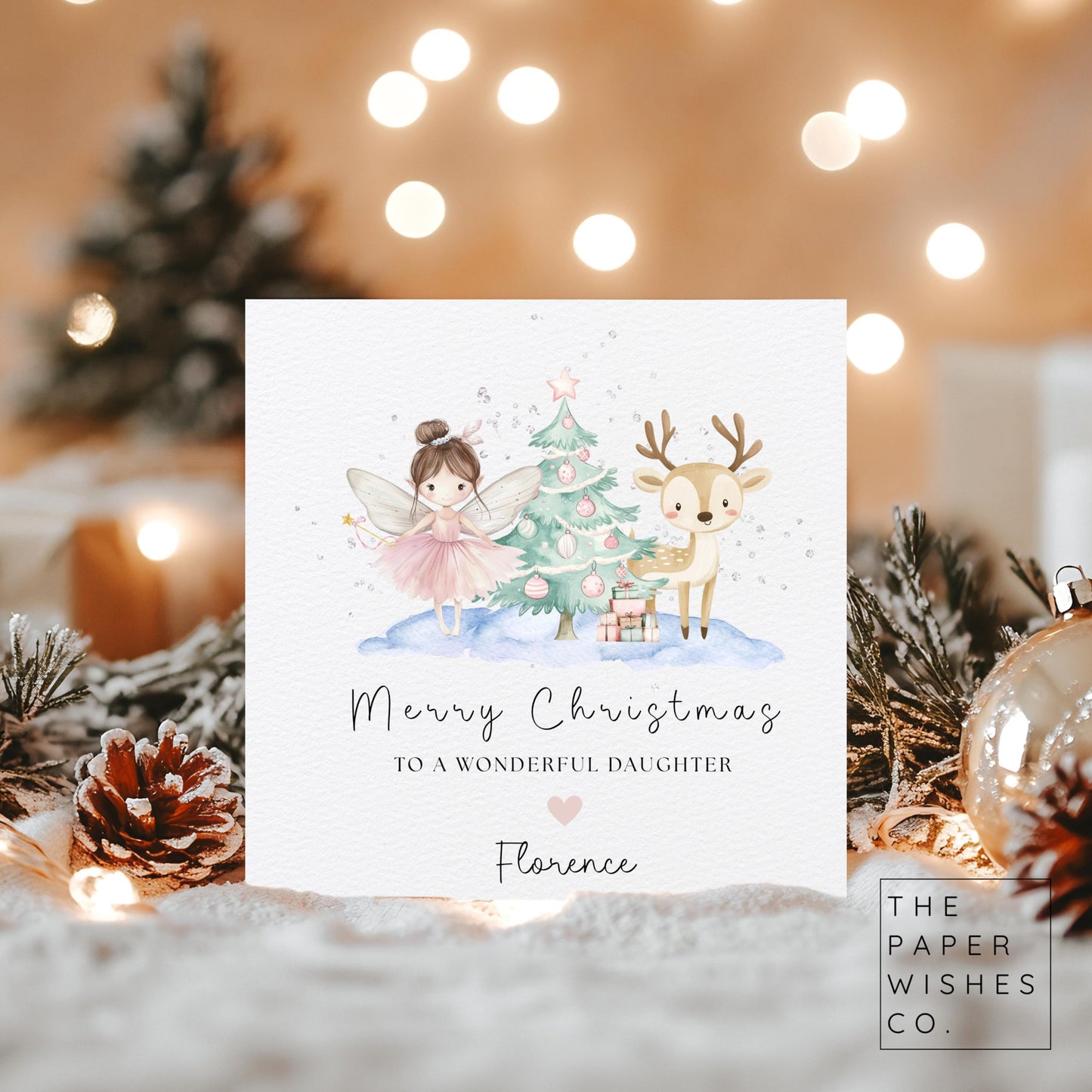 Personalised Fairy Christmas Card – Custom Name & Relation – Cute Xmas Card with Reindeer and Tree – Daughter, Niece or Godchild