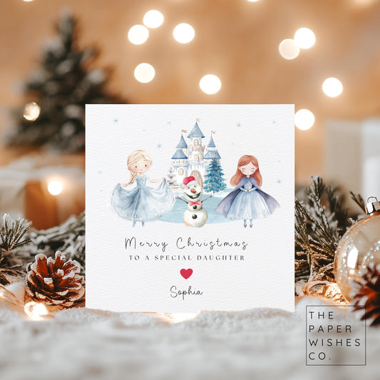 Personalised Christmas Card – Frozen Princess Castle Snowman Design – Custom Name Xmas Card for Kids or Family – Cute Winter Holiday Card