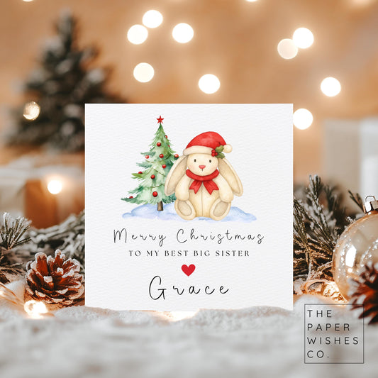 Personalised Christmas Card – Cute Bunny Plush Toy Design – Custom Name Xmas Card for Kids or Family – Soft Toy Style Holiday Card