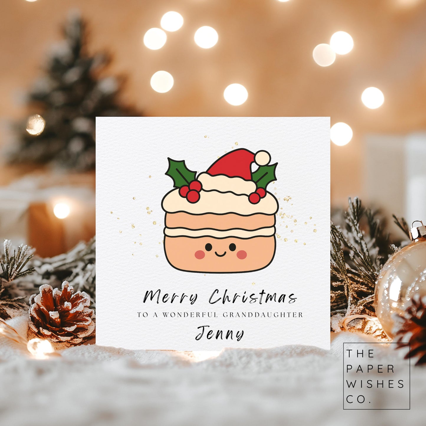 Personalised Christmas Card – Cute Festive Pudding Plush Design – Custom Name Holiday Card for Kids or Family – Kawaii Style Xmas Card