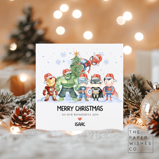 Personalised Superhero Christmas Card – Cute Superhero Squad Festive Design – Custom Name Xmas Card for Kids or Family – Comic Style Holiday