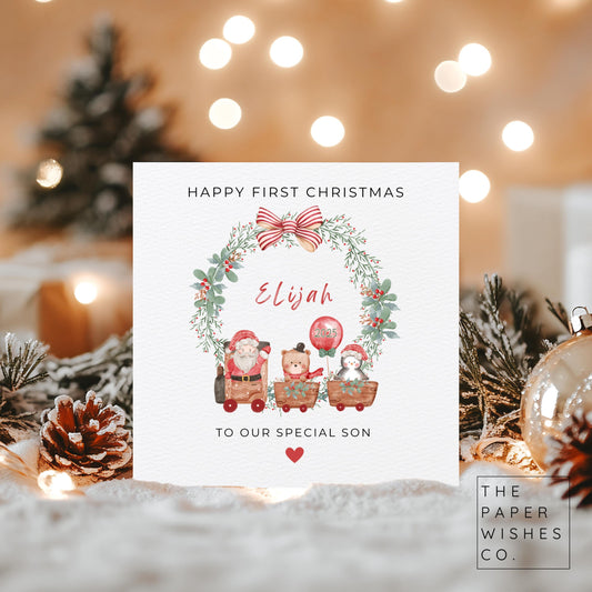 Personalised First Christmas Card – Woodland Train & Wreath Design – Custom Name Baby’s First Xmas Card – Festive Keepsake Holiday Card