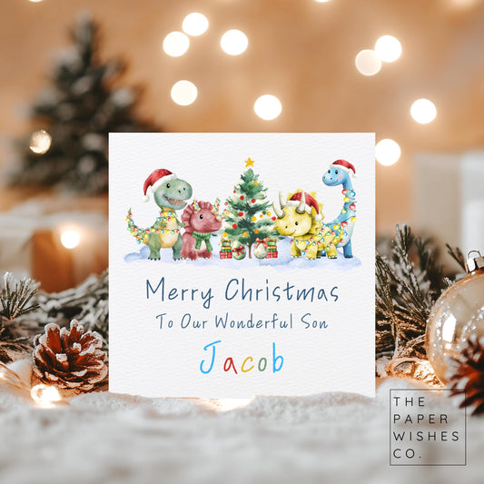 Personalised Dinosaur Christmas Card – Custom Name & Relation – Cute Festive Card for Kids – Dino Xmas Lights Holiday Card