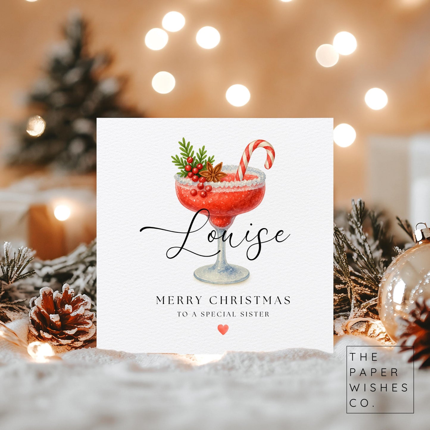 Personalised Christmas Card – Festive Cocktail Glass Design – Custom Name & Recipient – Fun Holiday Card for Sister, Mum, Friend or More