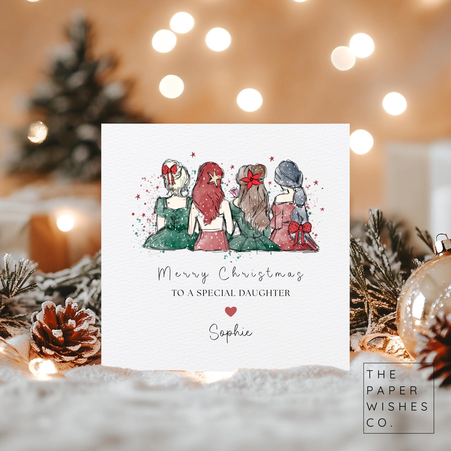 Personalised Christmas Card – Festive Fashion Girls Illustration – Custom Name Xmas Card for Daughter, Sister or Friend Stylish Holiday Card