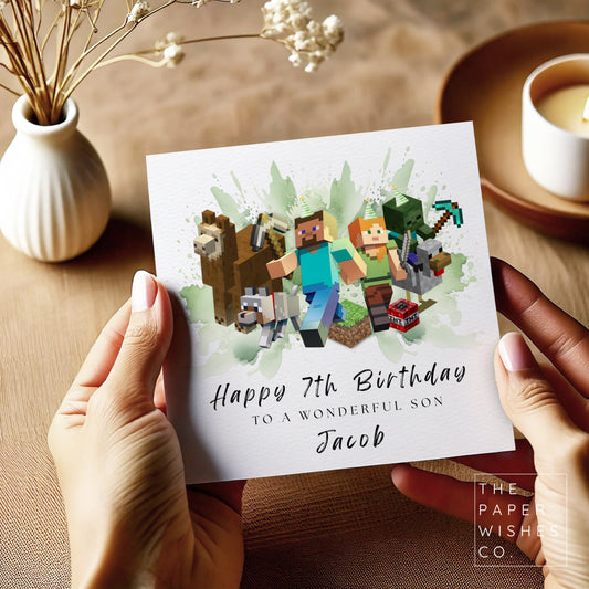Personalised Minecraft Birthday Card – Any Age & Name – Gamer Kids Card