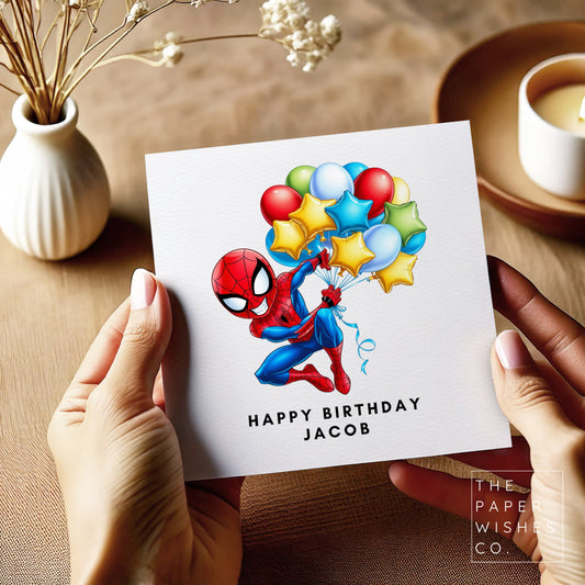 Personalised Superhero Birthday Card – Spider Hero Balloon Card for Kids