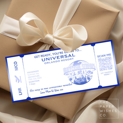 Personalised Universal Studio Orlando Ticket Gift Voucher with QR Code for Your Magical Holiday Reveal!