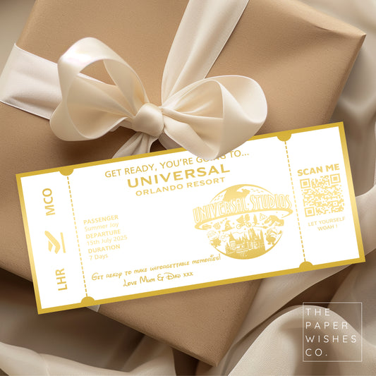 Personalised Universal Studio Orlando Ticket Gift Voucher with QR Code for Your Magical Holiday Reveal!