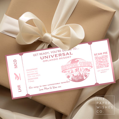 Personalised Universal Studio Orlando Ticket Gift Voucher with QR Code for Your Magical Holiday Reveal!