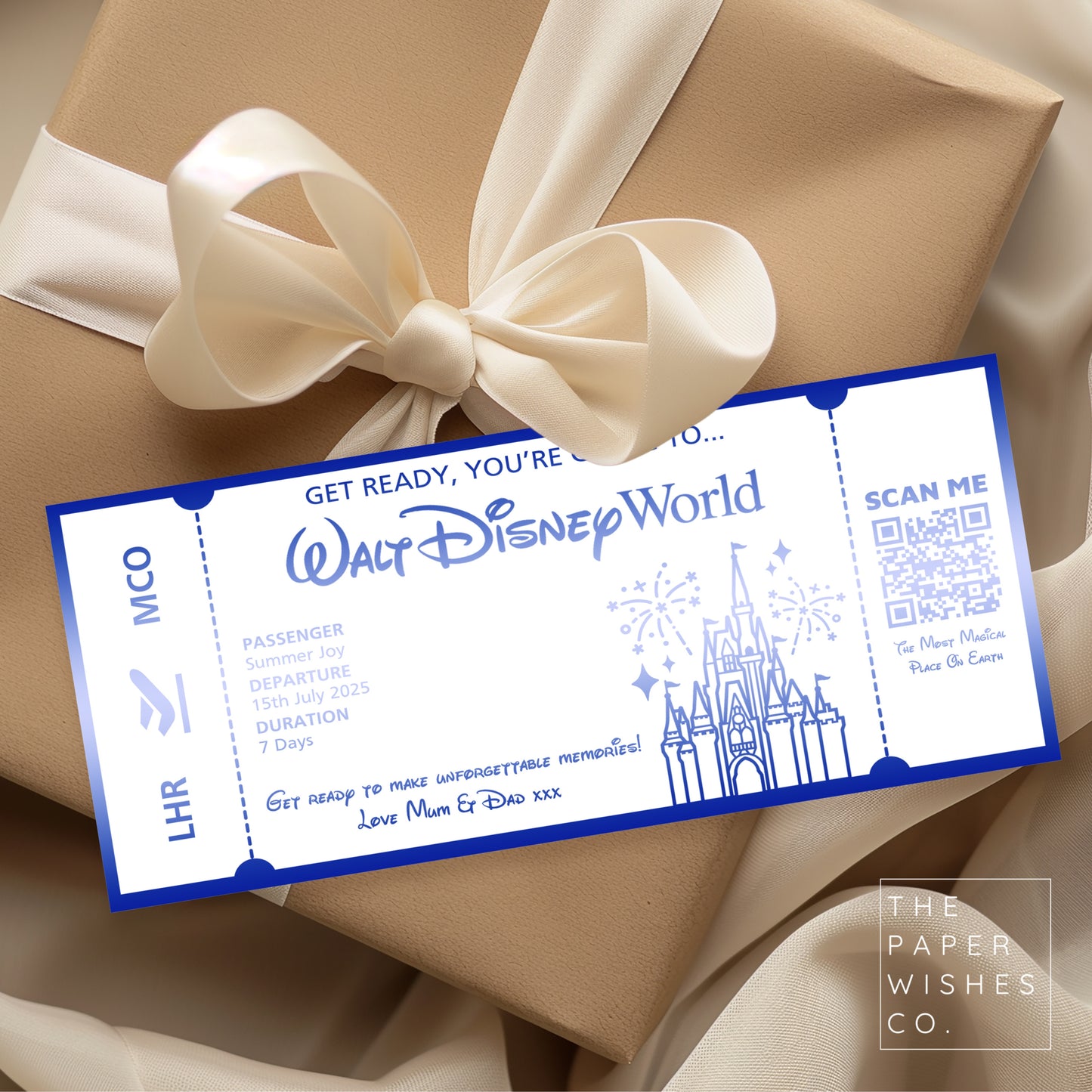 Personalised Walt Disney World Ticket Gift Voucher with QR Code for Your Magical Holiday Reveal!