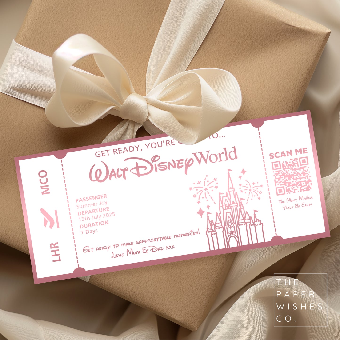 Personalised Walt Disney World Ticket Gift Voucher with QR Code for Your Magical Holiday Reveal!