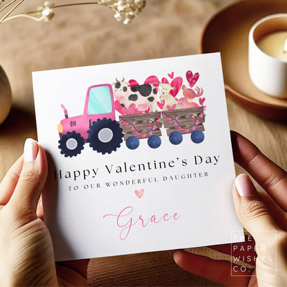 Personalised Valentine’s Day Card for Daughter - Cute Tractor and Farm Animal Design