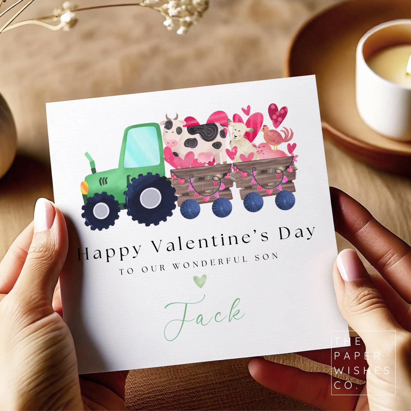 Personalised Valentines Day Card for Son - Cute Tractor and Farm Animal Design