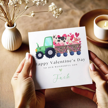 Personalised Valentines Day Card for Son - Cute Tractor and Farm Animal Design