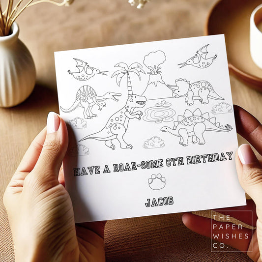 Personalised Dinosaur Colour-In Birthday Card for Kids - Fun and Creative Gift