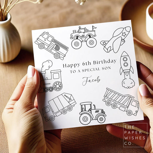 Personalised Transport Colour-In Birthday Card for Kids - Fun Activity Gift