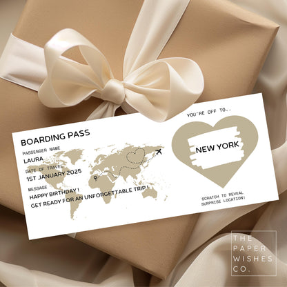 Personalised holiday boarding pass, scratch to reveal surprise, holiday birthday gift, scratch card destination reveal