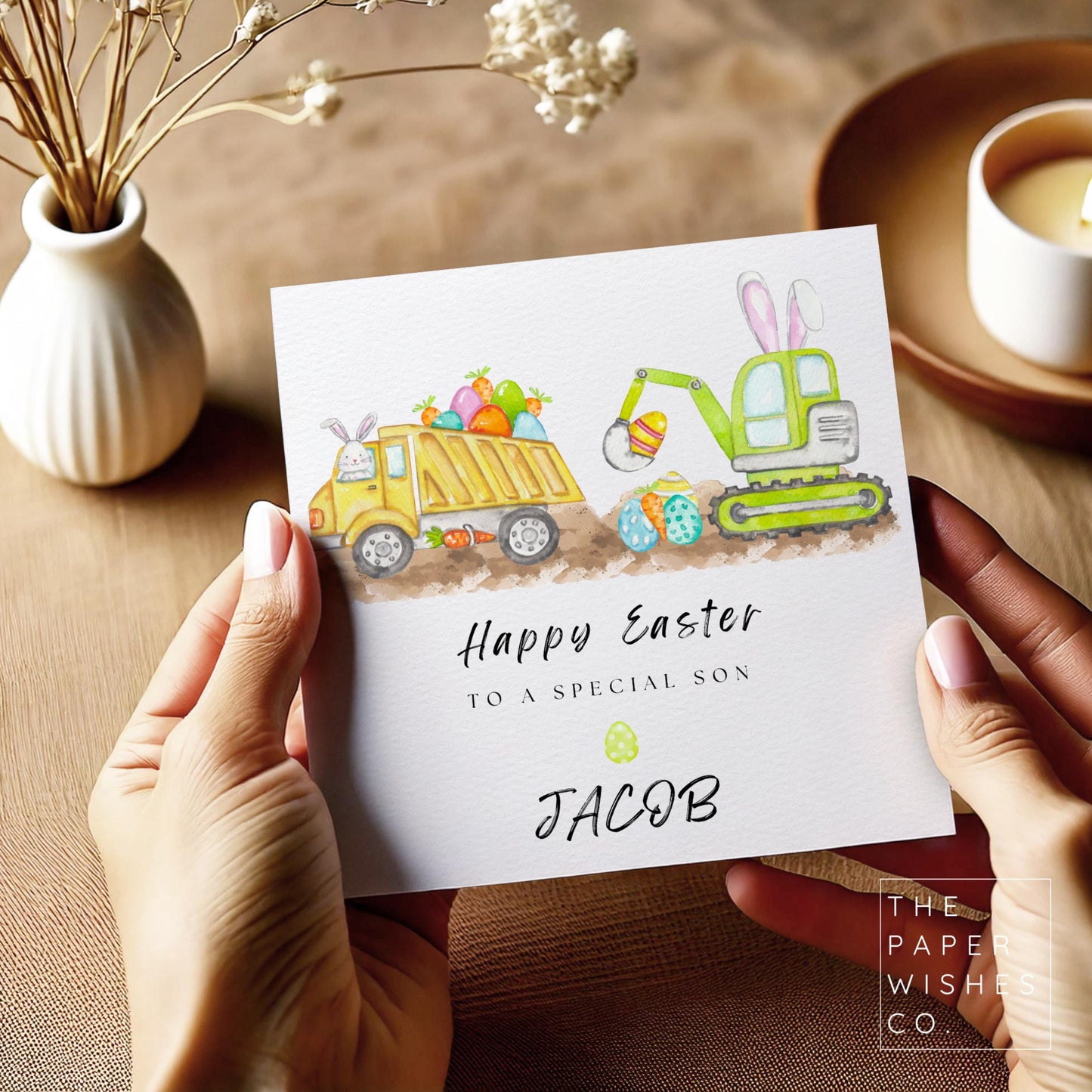 Personalised Easter Card - Cute Digger and Truck Easter Design