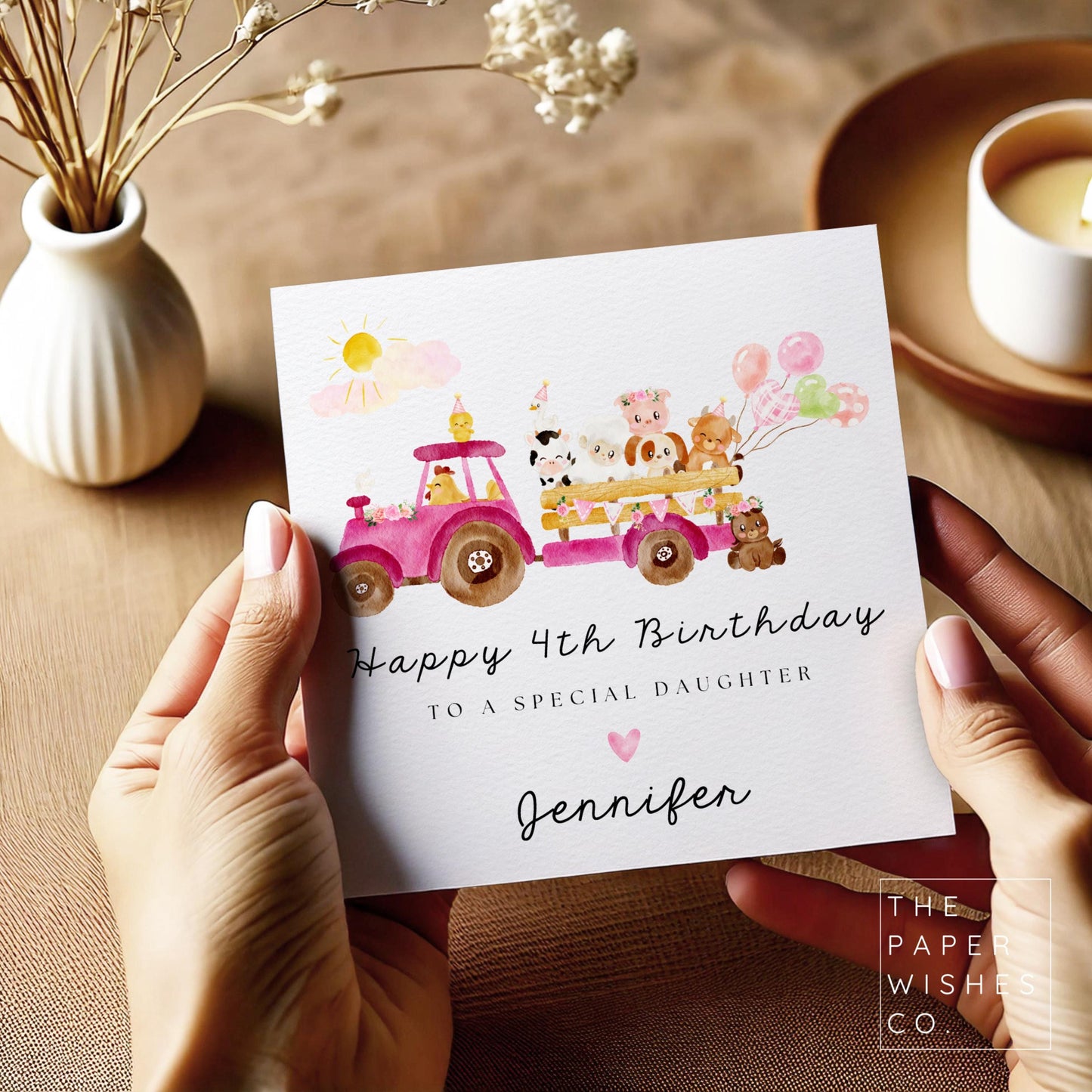 Personalised Pink Tractor Birthday Card – Farm Animal Birthday