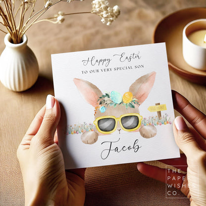 Personalised Easter Card for Kids – Cute Bunny with Sunglasses, Custom Name Easter Gift, Egg Hunt Card