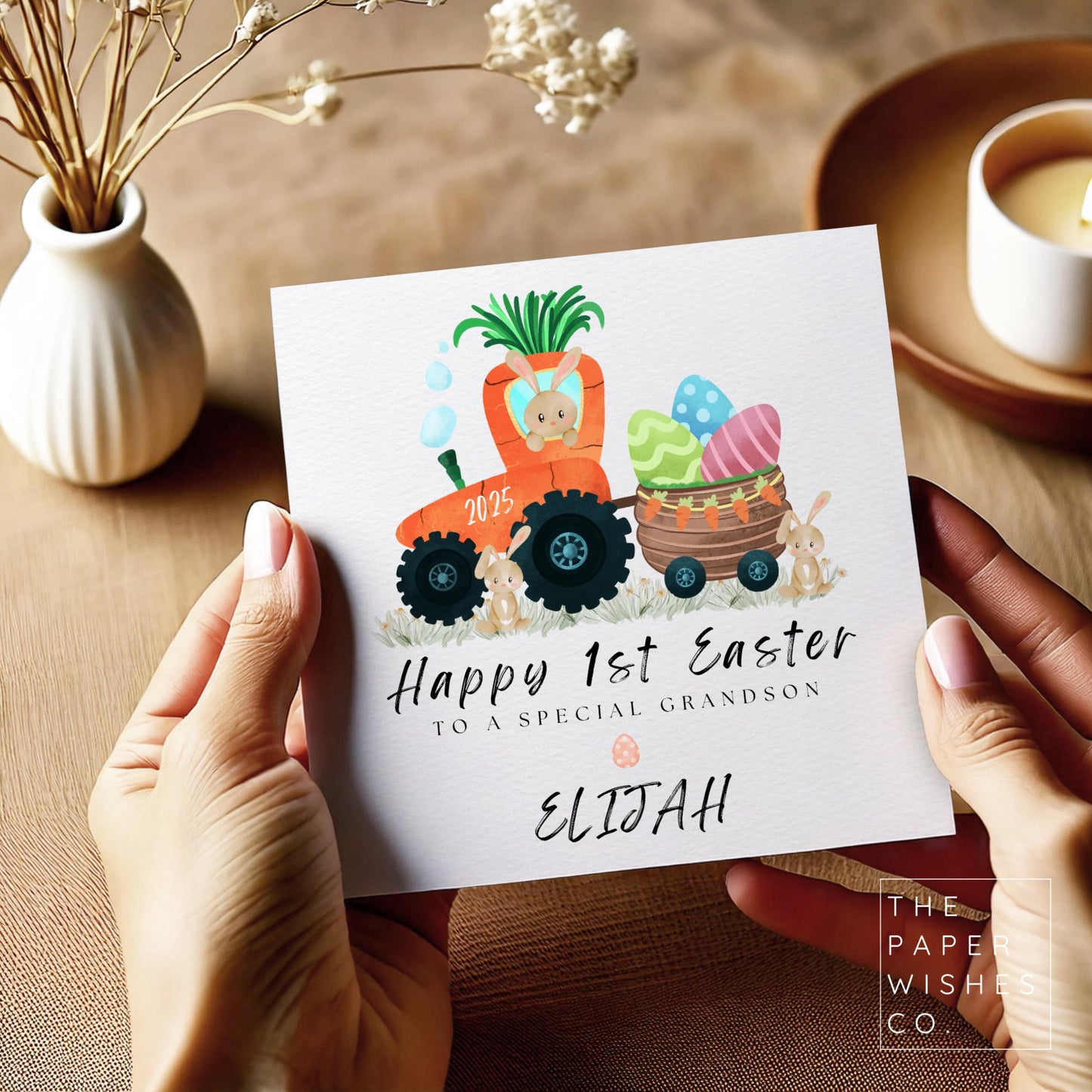 Personalised Easter Card for Kids – Cute Bunny Carrot Tractor, Custom Name Easter Gift