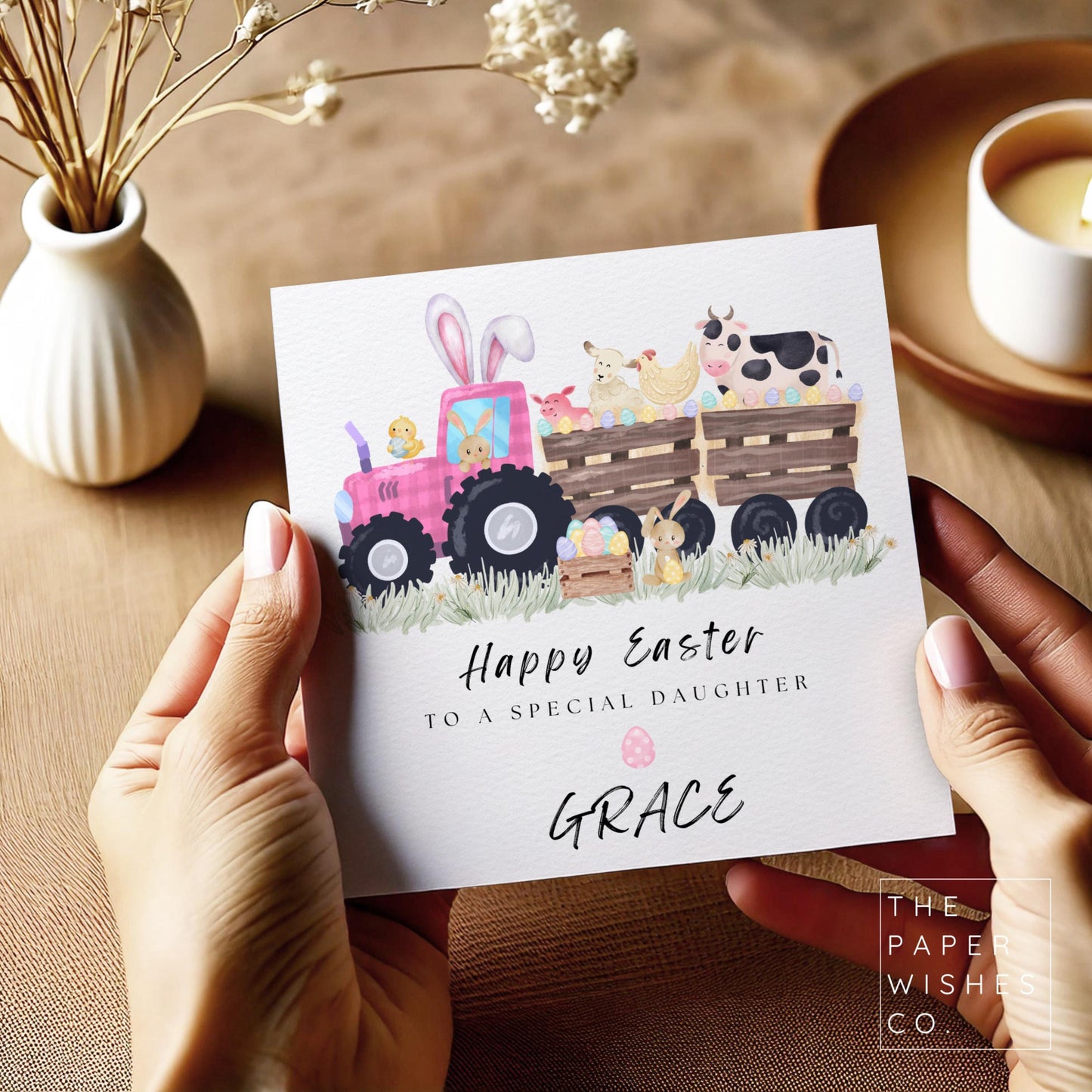 Personalised Easter Card – Pink Tractor Bunny & Farm Animals, Custom Name Easter Gift for Kids