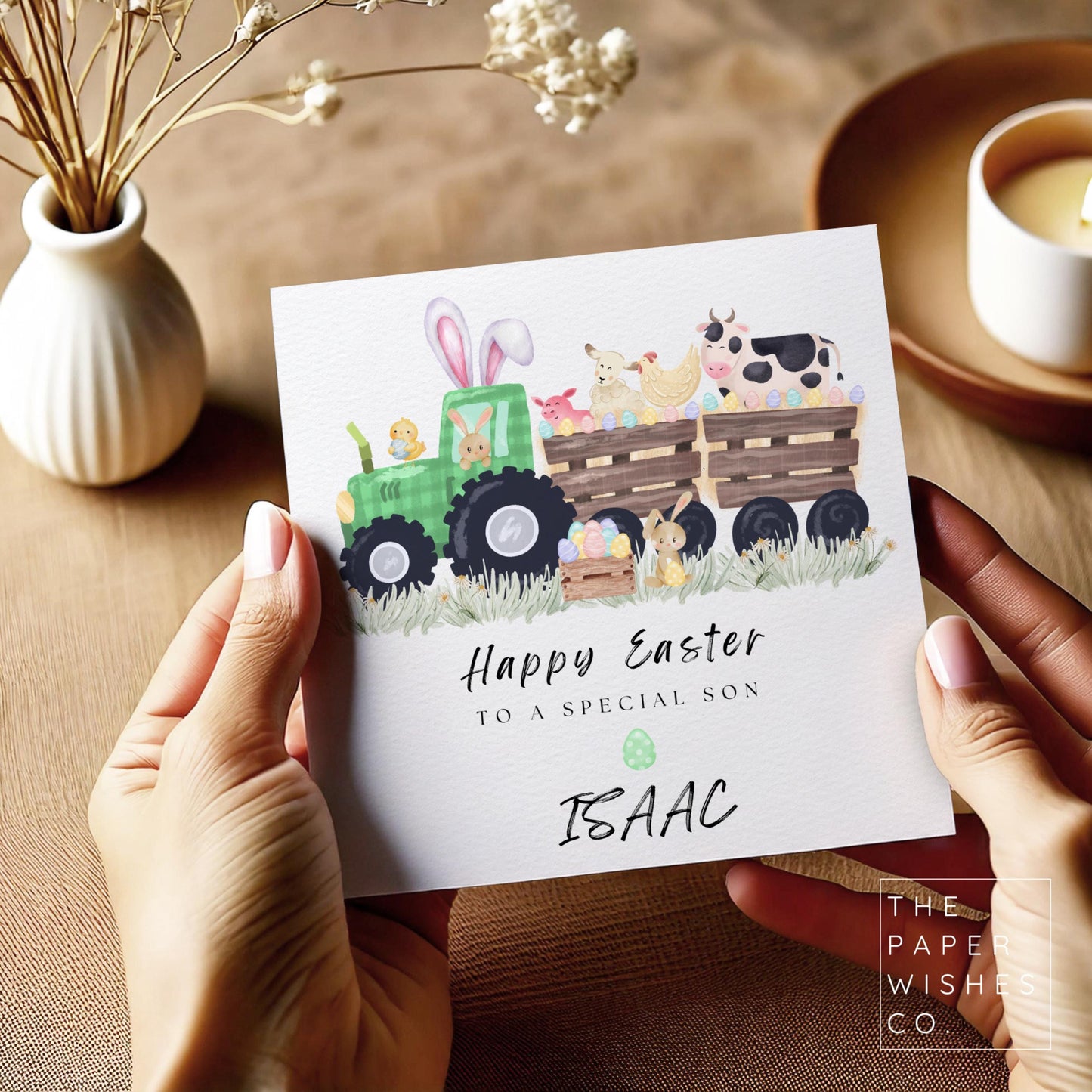 Personalised Easter Card – Green Tractor Bunny & Farm Animals, Custom Name Easter Gift for Kids