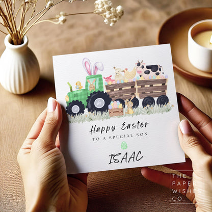 Personalised Easter Card – Green Tractor Bunny & Farm Animals, Custom Name Easter Gift for Kids