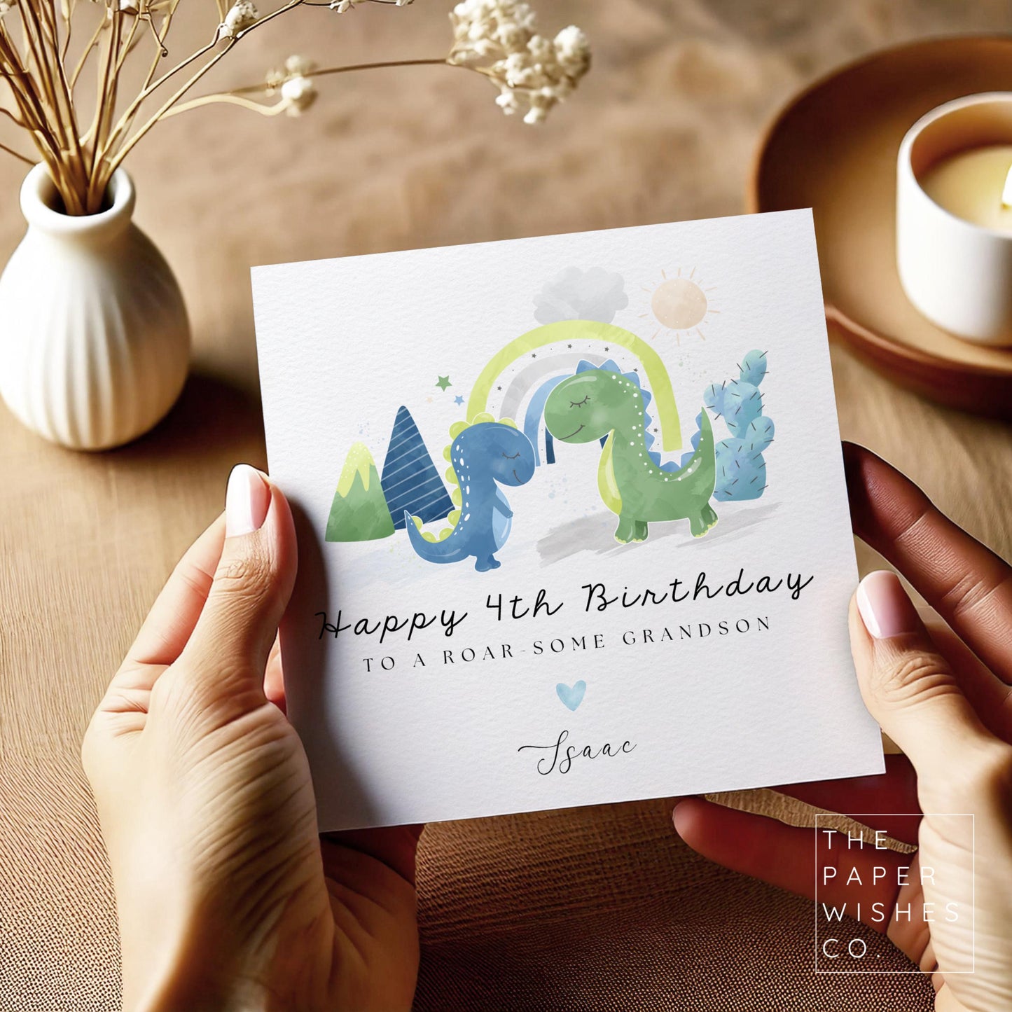 Personalised Dinosaur Birthday Card – Custom Age & Name – Cute Dino and Rainbow Design – Roarsome Birthday Card for Kids