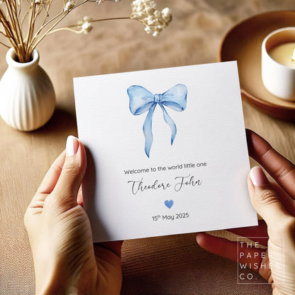 Personalised New Baby Card – Blue Bow Design – Custom Name & Birth Date – Welcome to the World Card – Elegant Baby Keepsake