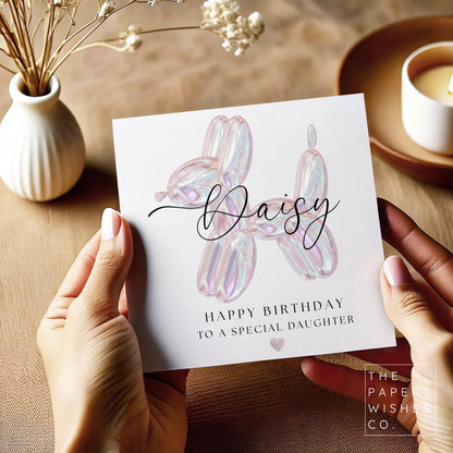 Personalised Balloon Dog Birthday Card – Custom Name Card – Fun Holographic Style Birthday Card – Unique Customisable Card