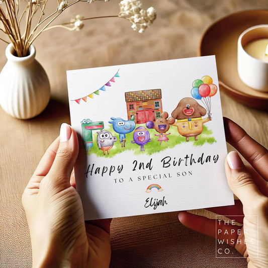 Personalised Hey Duggee Birthday Card – Custom Name Kids Card – Cute Animal Friends Party Scene – Colourful Toddler Birthday Card