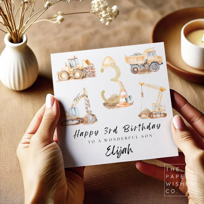 Personalised Construction Birthday Card – Digger & Truck Theme – Custom Age and Name – Toddler Birthday Card with Cranes and Cones