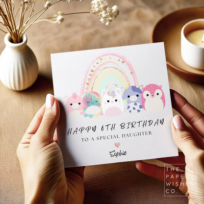 Personalised Squishy Plush Birthday Card – Custom Name & Age – Cute Pastel Rainbow Animal Friends Card – Kawaii Birthday Card