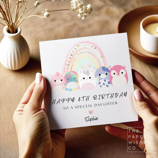 Personalised Squishy Plush Birthday Card – Custom Name & Age – Cute Pastel Rainbow Animal Friends Card – Kawaii Birthday Card