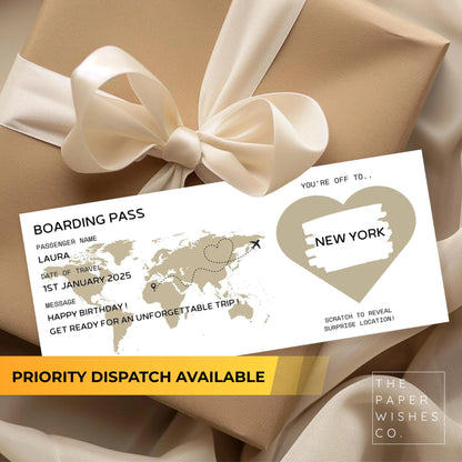 Personalised holiday boarding pass, scratch to reveal surprise, holiday birthday gift, scratch card destination reveal