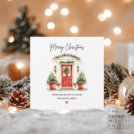 Personalised Red Door Christmas Card – From Our House to Yours – Family Christmas Card – Elegant Holiday Greeting – Custom Family Name