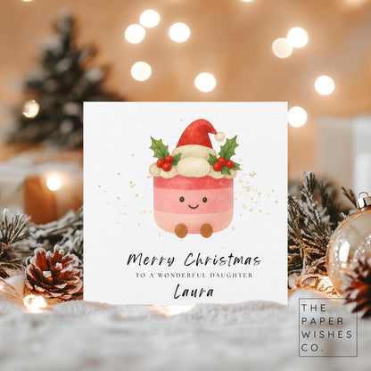 Personalised Christmas Card – Cute Festive Pudding Plush Design – Custom Name Holiday Card for Kids or Family – Kawaii Style Xmas Card