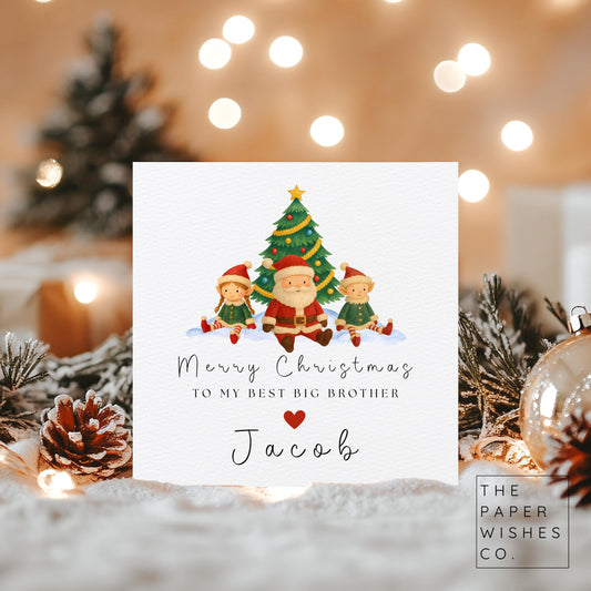 Personalised Christmas Card – Santa and Elves Plush Style Design – Custom Name Xmas Card for Kids or Family – Cute Festive Holiday Card