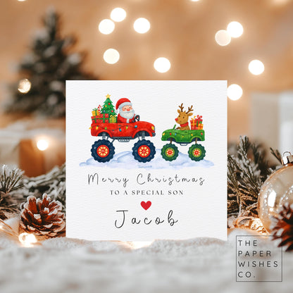 Personalised Christmas Card – Santa Monster Truck Design – Custom Name Xmas Card for Kids or Family – Fun Festive Holiday Card with Reindeer
