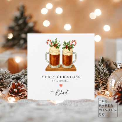 Personalised Christmas Card – Festive Beer Mugs – Custom Name Xmas Card for Dad, Husband, Brother, Grandad – Cute Holiday Greeting