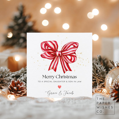 Personalised Christmas Card for Special Couple – Red Bow Design – In-Laws, Family or Friends – Custom Names – Festive Xmas Card