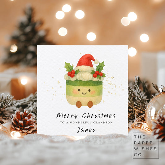 Personalised Christmas Card – Cute Festive Pudding Plush Design – Custom Name Holiday Card for Kids or Family – Kawaii Style Xmas Card