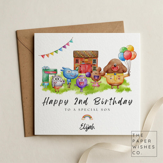 Personalised Hey Duggee Birthday Card – Custom Name Kids Card – Cute Animal Friends Party Scene – Colourful Toddler Birthday Card